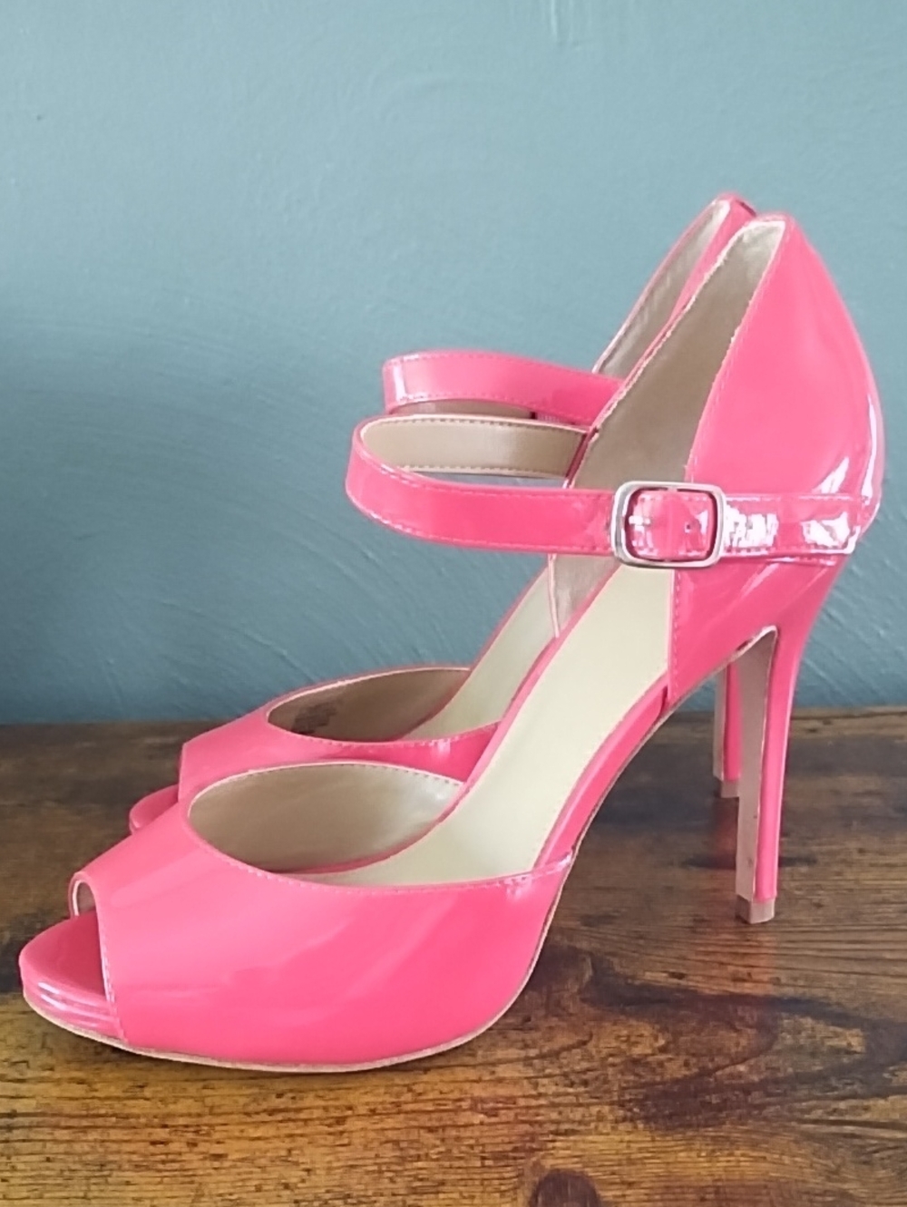 Saks Fifth Avenue 7.5 Patent Leather Hibiscus Pink/Coral Peep-Toe SF-Becka Heels